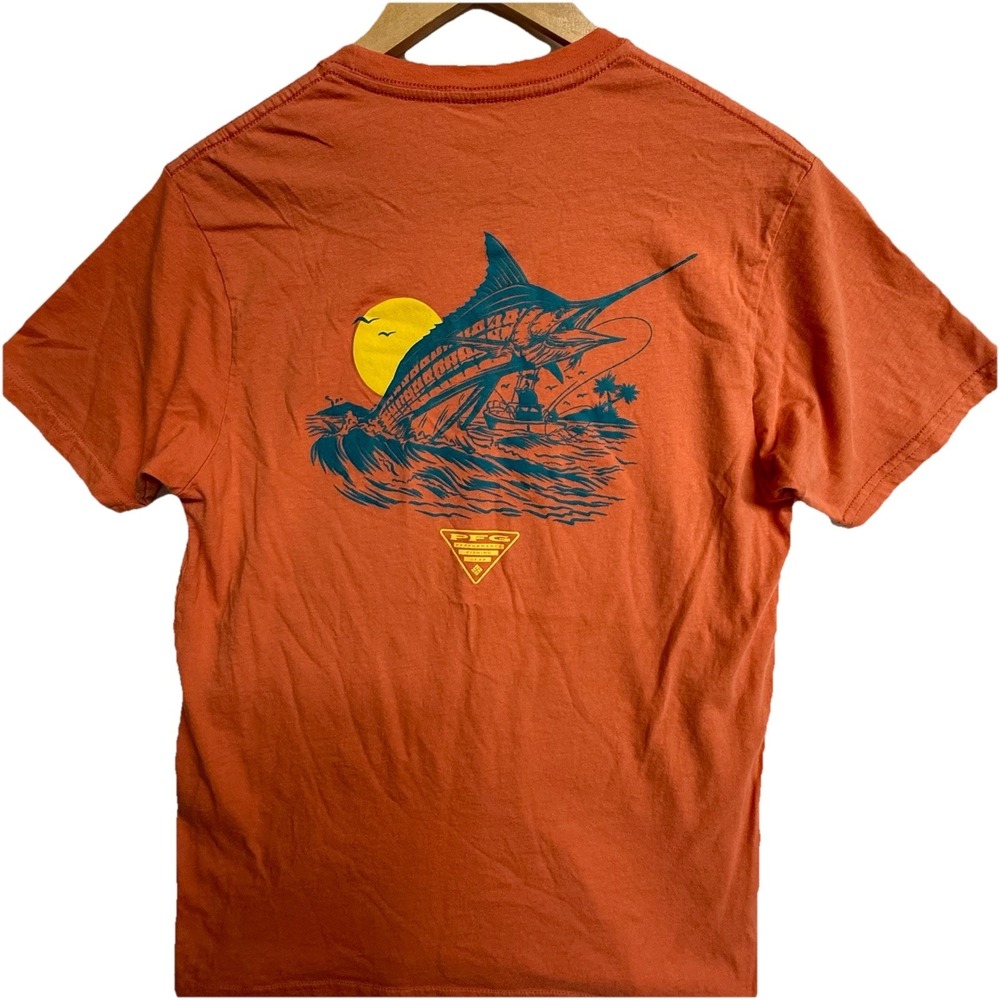 Columbia PFG T Shirt Mens M Orange Fishing Graphic Back Logo Tee
